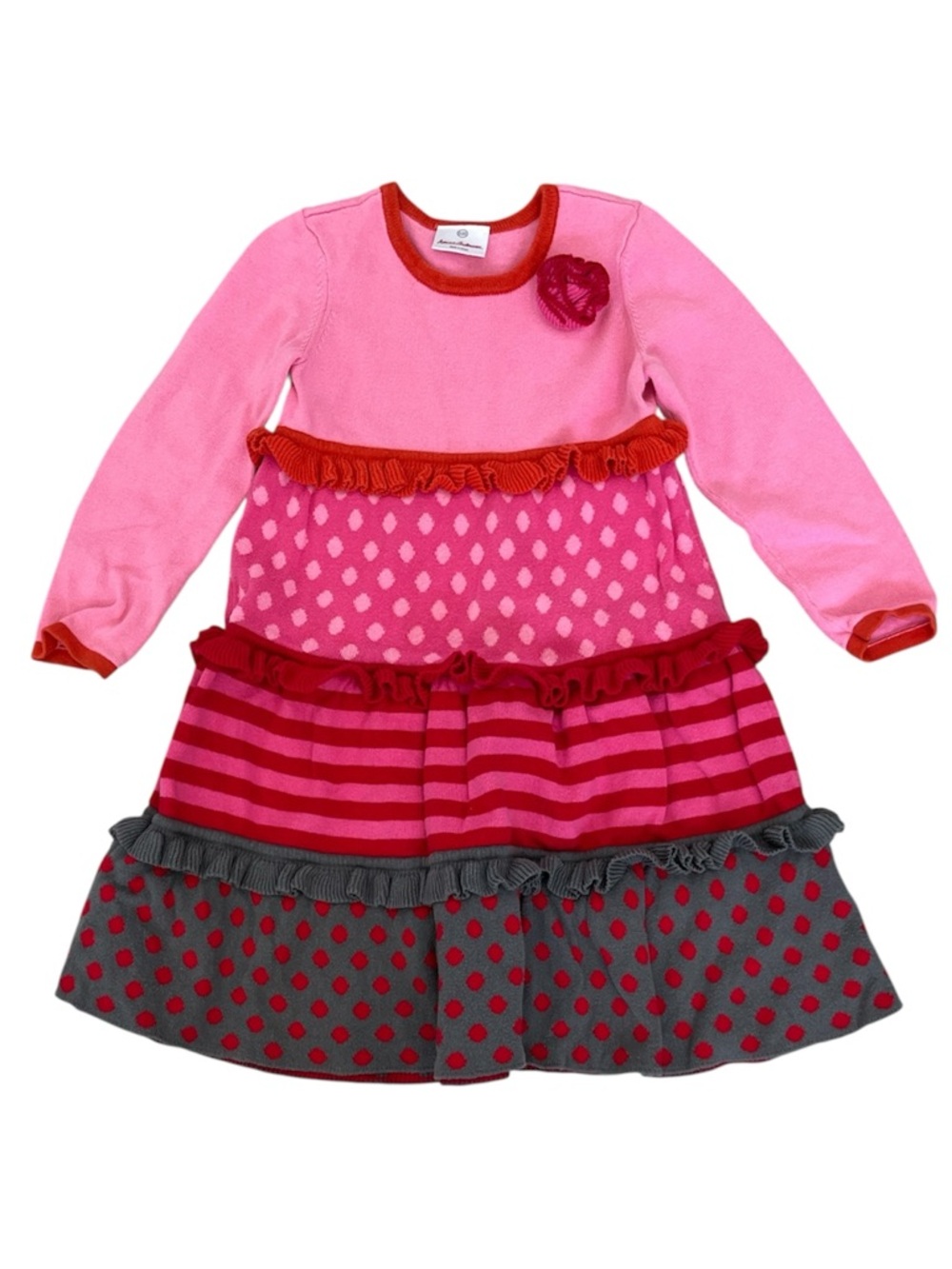 Hanna Andersson Bright Ideas Sweater Dress Top Pink Tiered Ruffle Girls 110 / 5‎
